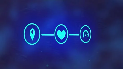 Three blue digital icons are shown with a computer interface on a glowing blue Stock Footage 327644732