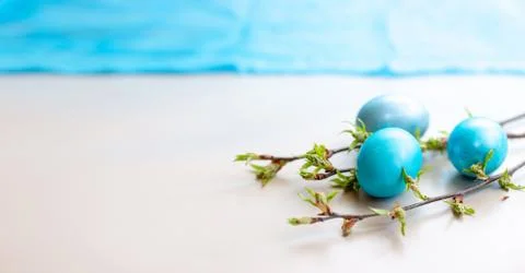 Three blue Easter eggs, and spring twigs with green leaves on a white table, Stock Photos