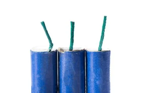 Three blue firecrackers with a wick, close-up. Safety concept for pyrotechnic Stock-Fotos