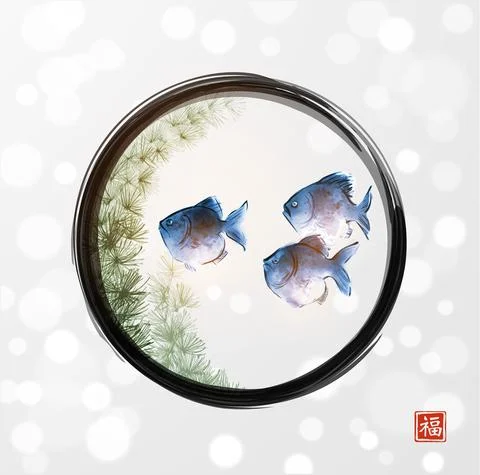 Three blue fishes in black enso zen cricle on white glowing background Stock Illustration