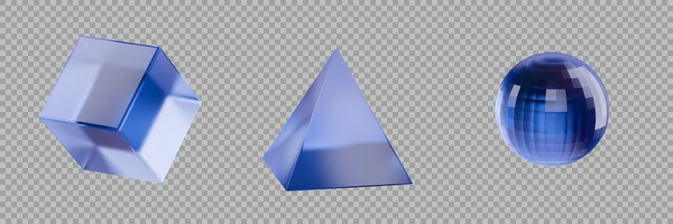 Three blue geometric shapes: a cube, a pyramid, and a sphere Stock Illustration