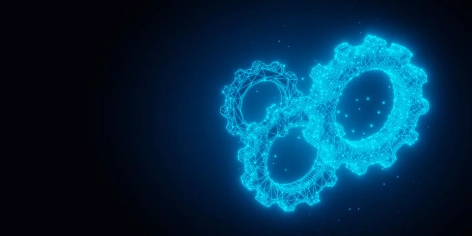 Three blue glowing low-poly wireframe gears or cogwheels on black backgroun.. Stock Illustration