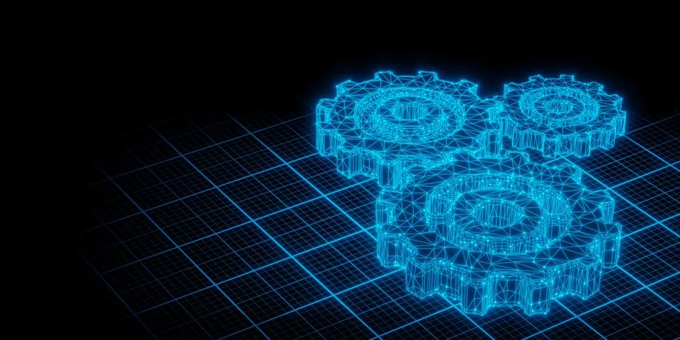 Three blue glowing low-poly wireframe gears or cogwheels on construction pa.. Stock Illustration