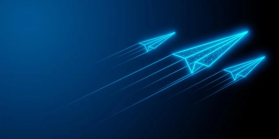 Three blue glowing low-poly wireframe paper plane with speed trails on blue.. Stock Illustration