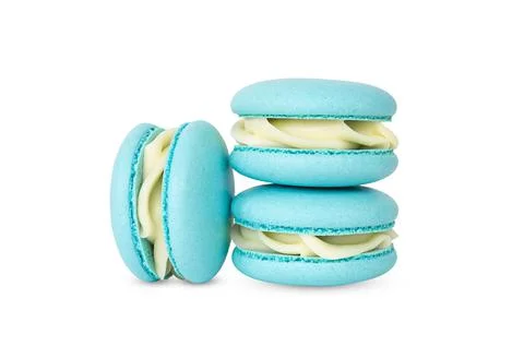 Three blue homemade macarons stack isolated on white Stock Photos