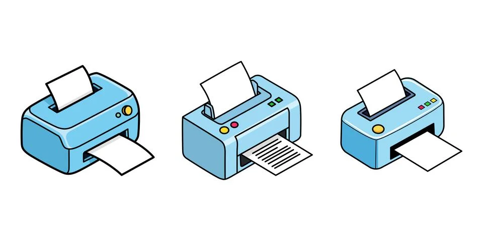 Three Blue Isometric Printers Printing Documents on White Background Stockillustratie