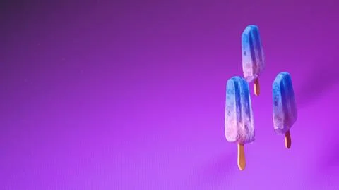 Three blue popsicles on vertical purple background.... Stock Photos
