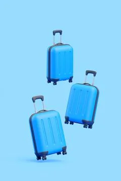 Three Blue Rolling Suitcases 3D Illustration