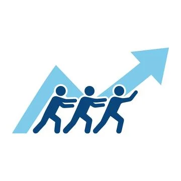 Three blue stick figures running up a light blue arrow graph on vector Illustrazione stock