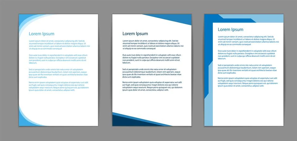 Three blue-themed document templates featuring Lorem Ipsum text. Modern and Stock Illustration