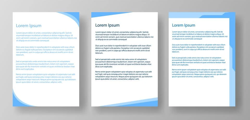 Three blue-themed document templates featuring Lorem Ipsum text. Modern and Stock Illustration