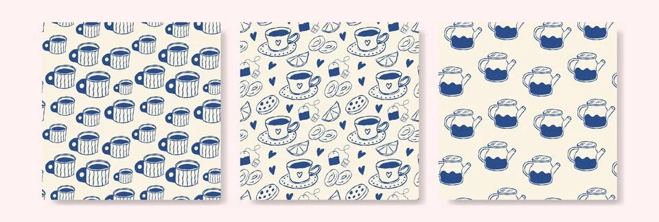 Three blue-toned patterned squares with tea-themed motifs. Each design featur イラスト素材