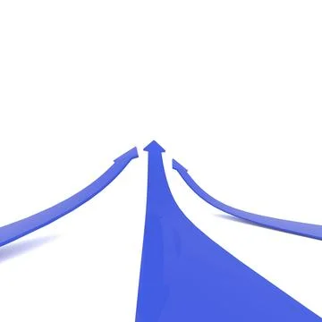 Three blue upswing arrows on a white background, conceptual 3d render image Illustrazione stock