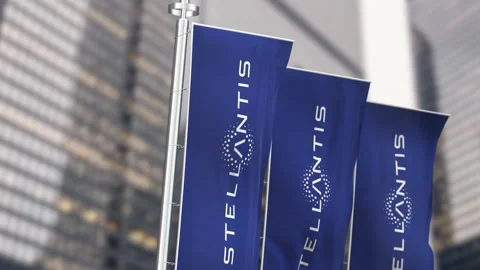 Three Blue vertical banners with Stellantis logo waving in the wind Video stock 245826715