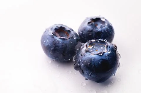 Three blueberries with drops, on a white background. Advertising banner, fresh Stock Photos