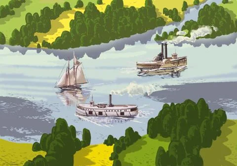 Three Boats On The River Illustrazione stock