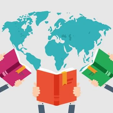 Three books in hand on world map background Stock Illustration