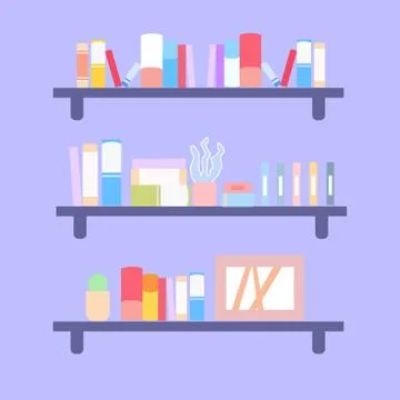 Three bookshelves with different books, vector graphics Stock Illustration