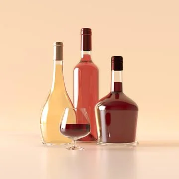Three bottles of alcohol without labels. Bottled white, pink and cognac, a glass Illustrazione stock