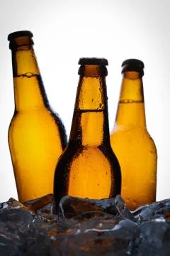 Three bottles of beer. Close up. White background Stock Photos