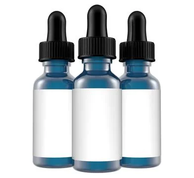 Three bottles of blue liquid with black lids Stock Illustration