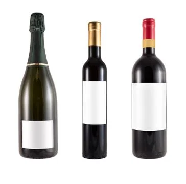 Three bottles of red wine made of green glass and blank label Stock Photos