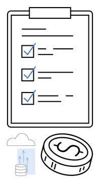 Three-box checklist on clipboard with cloud data upload and coin representi.. Illustrazione stock