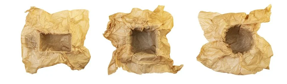 Three boxes in different shapes with brown crumpled wrapping paper isolated.. Stock Photos