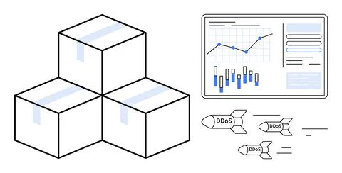 Three boxes, digital graph on screen displaying data points and bar chart, mi Stock Illustration