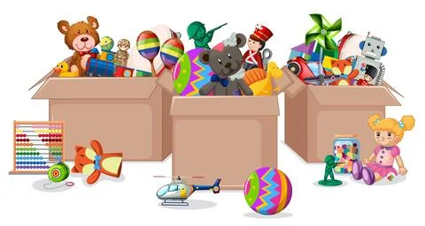 Three boxes full of toys on white background Stock Illustration