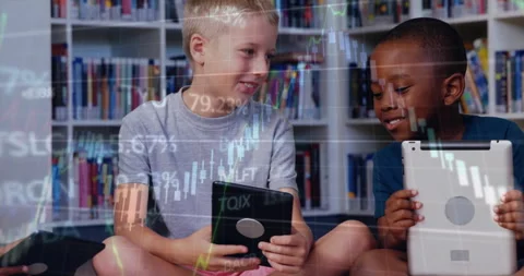 Three boys cross-legged library corner interacting with tablets, exploring Stock Footage 312281248