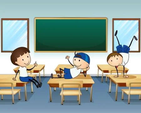 Three boys playing inside the classroom Stockillustratie
