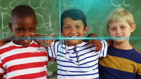 Three boys posing in school HUD appearing, scanning faces with tracking boxes Stock Footage 333234383