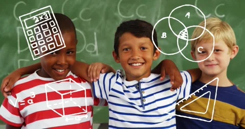 Three boys posing in school on playback overlays animating teaching math with Stock Footage 334115276
