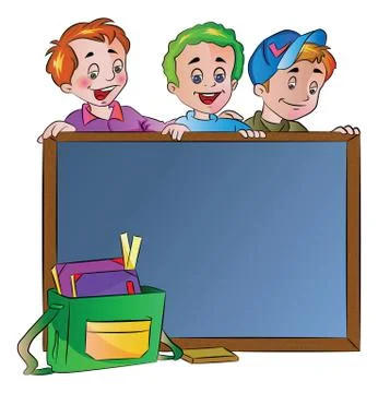 Three Boys Standing Behind a Chalk Board, illustration Stock Illustration
