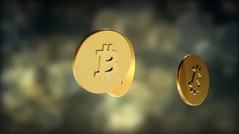 Three brass bitcoin coins drifting bokeh lights orbiting camera crypto wealt 스톡 동영상 343254193