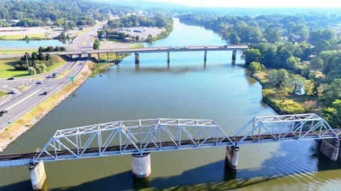 Three Bridges Spanning Coosa River, Gadsden, Alabama, US. Video stock 329322951