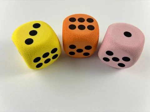 Three Bright Dice on White Background for Luck and Gambling Concept Stock Photos