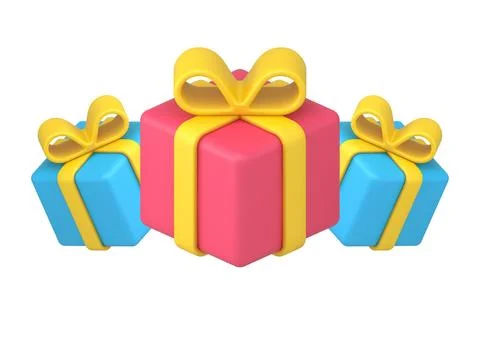 Three bright festive gift boxes wrapped by red and blue paper isometric 3d ic Ilustração Stock