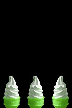 Three of Bright Green Lime Soft Serve Ice Cream Cones on Black Background Stockfoto's