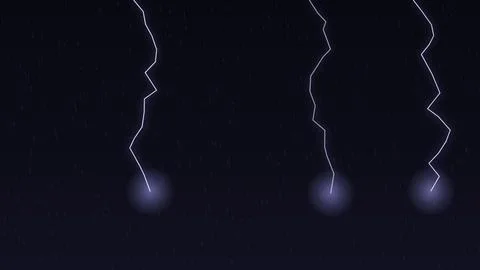 Three bright lightning bolts striking on a dark rainy night Stock Illustration