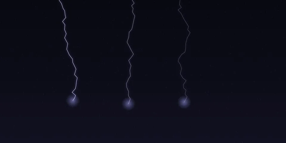 Three bright lightning bolts striking in a dark night sky Stock Illustration