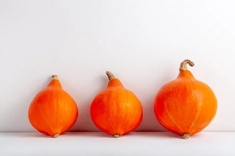 Three bright orange pumpkins in a row on white background. Stock Photos