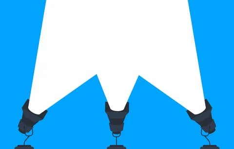Three bright spotlights illuminate an empty space on a vibrant blue background Illustrazione stock