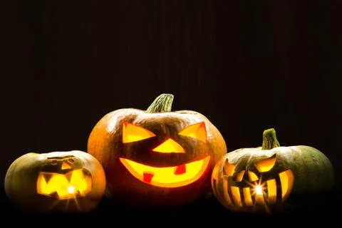 Three brightly glowing pumpkins on a dark background. Picture for decoration  Stock Photos