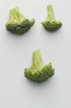 Three broccoli florets on white background Stock Photos