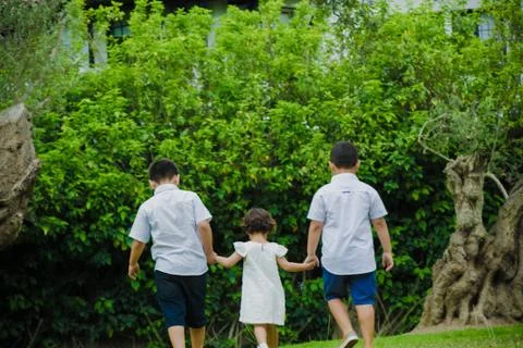 Three brothers walking hands Stock Photos