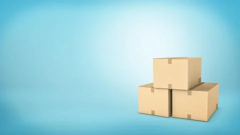 Three brown carton boxes closed with a tape and placed together on blue Stock Illustration