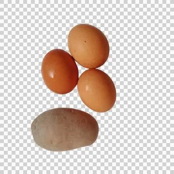 Three brown chicken eggs and one stone pebble arranged together on a flat s.. Фото
