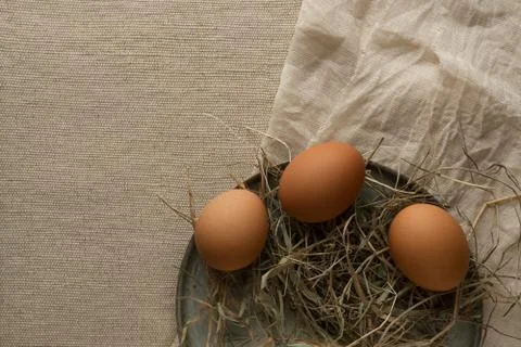 Three brown chicken eggs on hay and textile Stock Photos